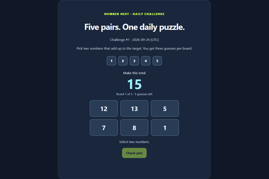 Number Nest Daily target-sum puzzle